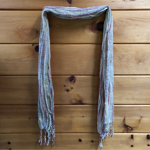 Woven Lurex Fringe Beige Multi Color Gold Silver Embellished Scarf 64” long - Picture 2 of 5